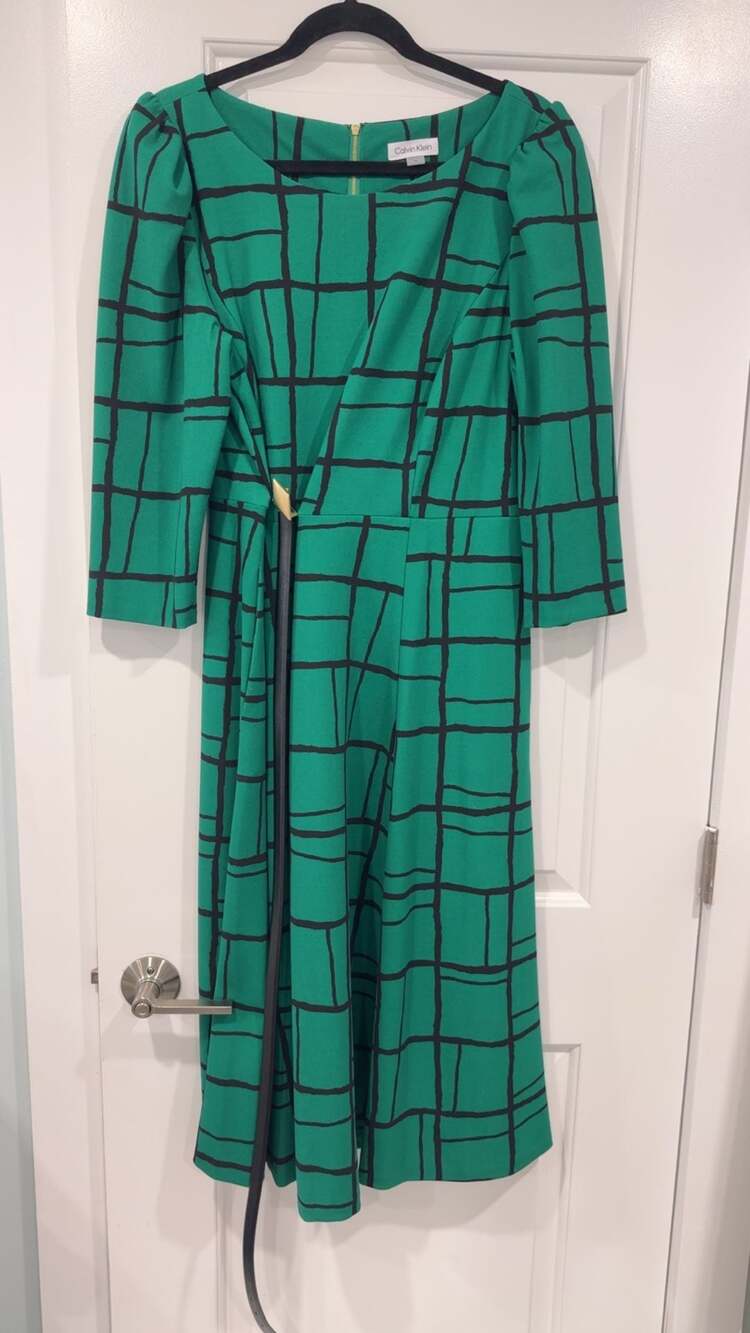 Calvin Klein Green and Black Geometric Grid Midi Dress Size 16